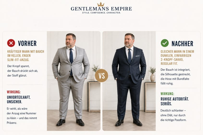Vergleich: Schlecht sitzender Anzug vs. gut sitzender ANzug für Männer mit Bauch