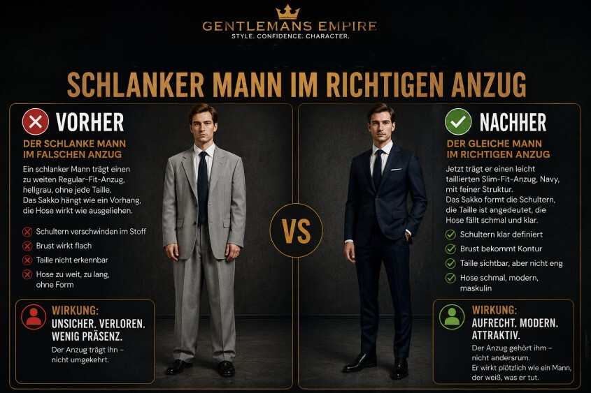 Vorher-Nachher-Vergleich schlecht sitzender vs. gut sitzender Anzug für schlanke Männer