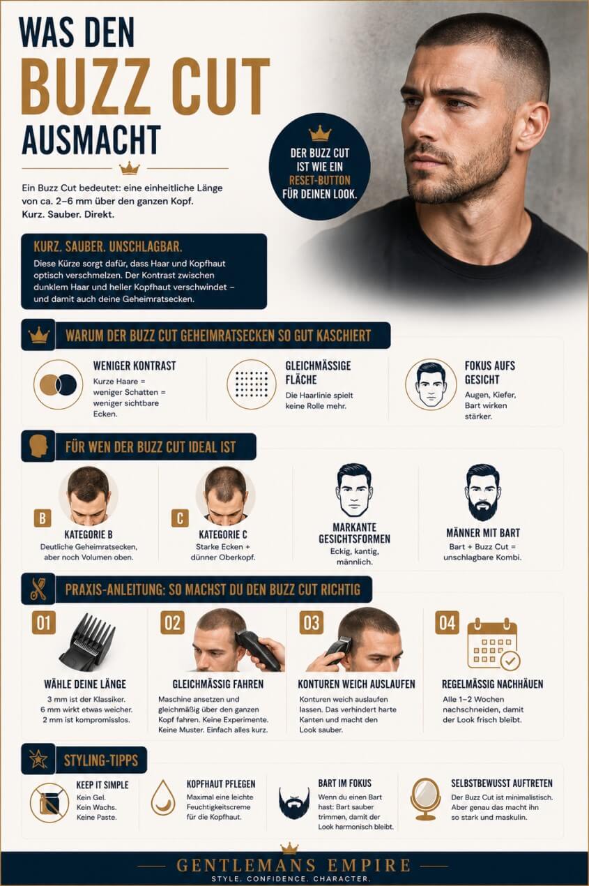 Mann mit Buzz Cut bei Geheimratsecken