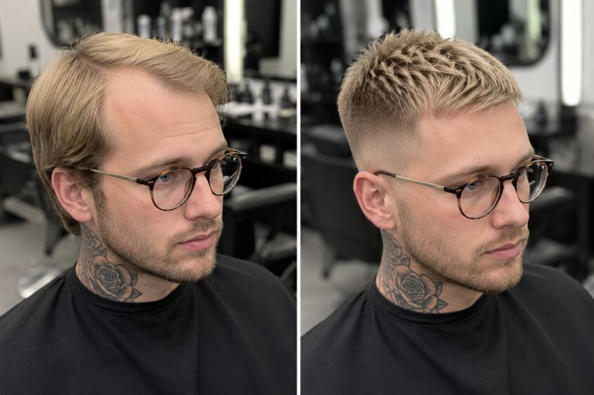 Crew Cut vorhe rund nachher bei Geheimratsecken