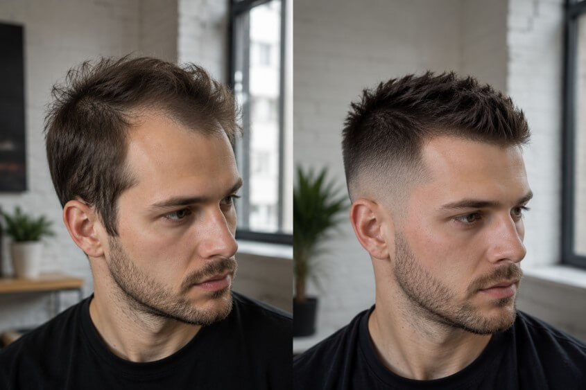 Vorher-Nachher-Vergleich Fade Cut bei Geheimratsecken