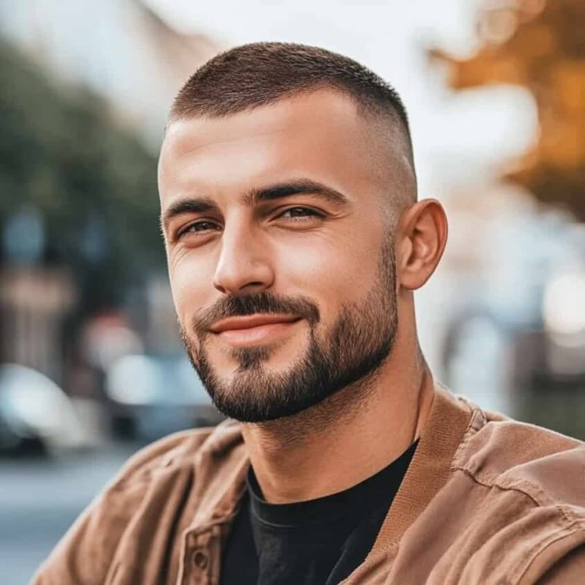 Mann mit Buzz Cut bei Geheimratsecken