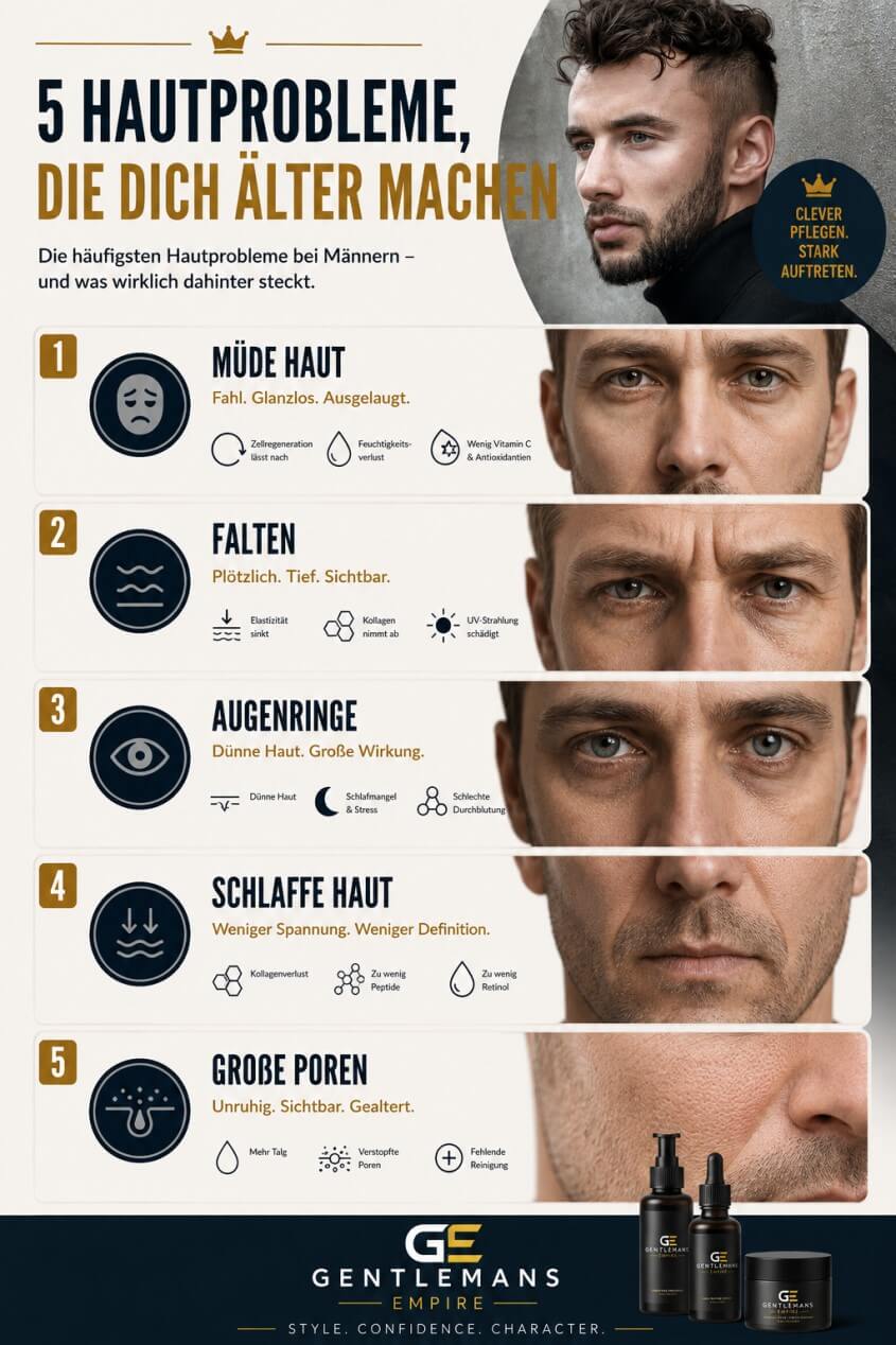 Hautprobleme Männer: große Poren, Augenringe, schlaffe Haut, unreine Männerhaut, Anti‑Aging Pflegeprodukte für Männer
