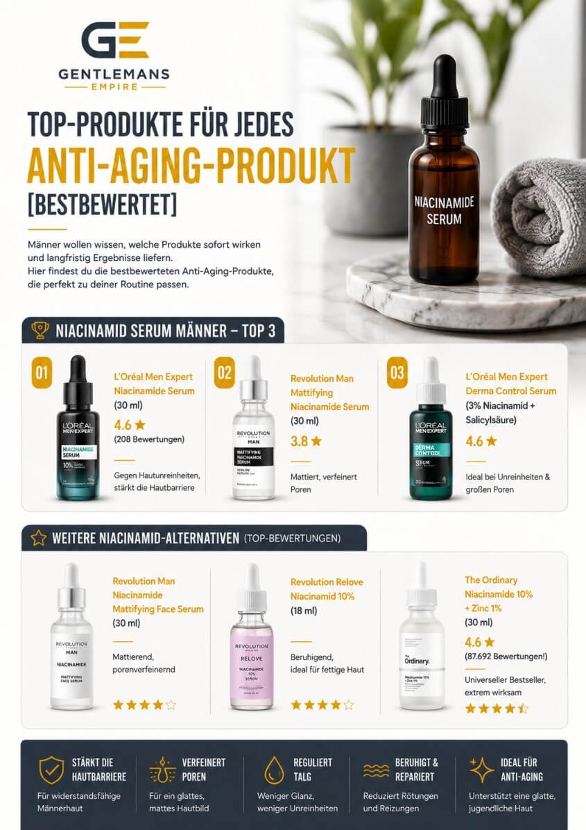 Niacinamid Männer Anti‑Aging Pflege: große Poren reduzieren, Hautbarriere stärken, Unreinheiten mindern, Männerhaut verbessern