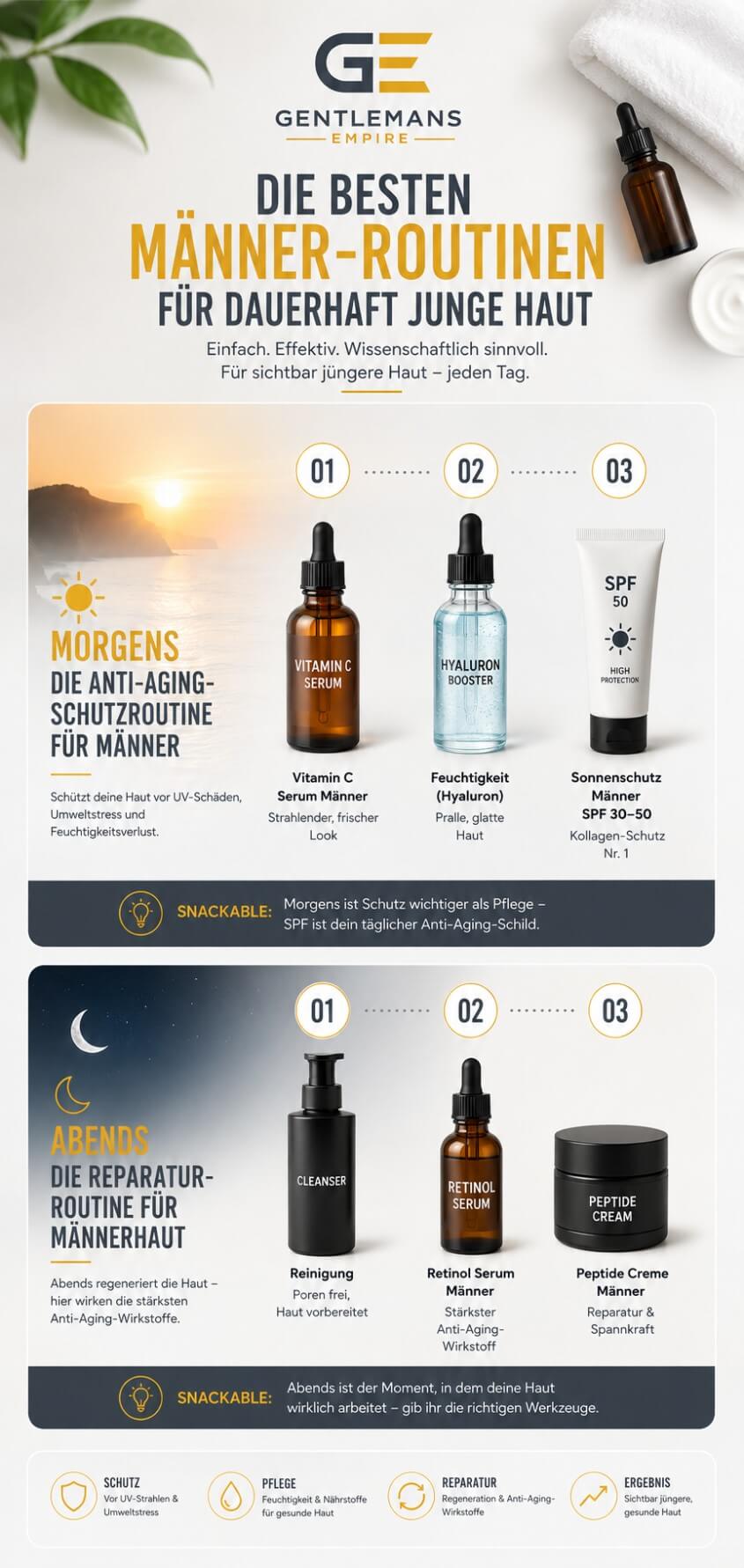 Anti‑Aging Pflege Männer beste Routinen: Retinol, Vitamin C, Hyaluron, Peptide, Niacinamid, Männerhaut verbessern, Falten reduzieren