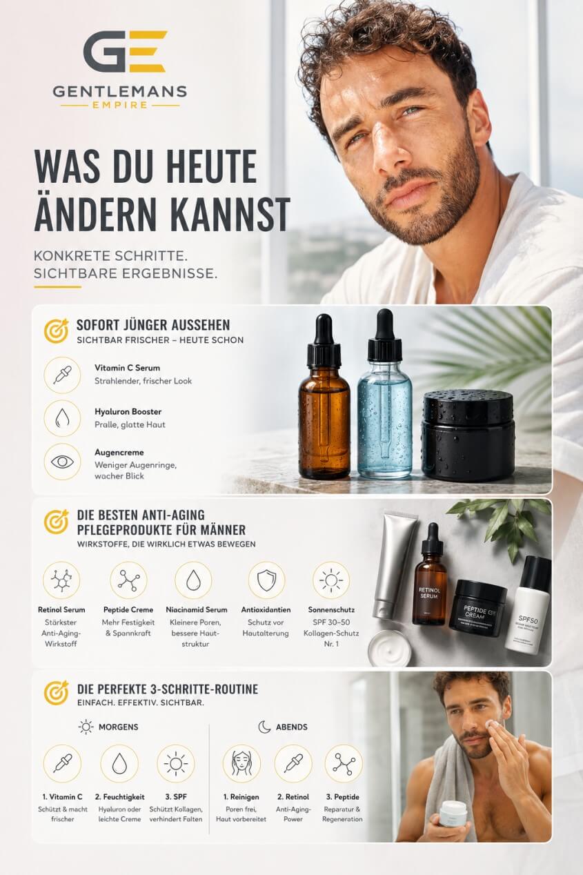 Anti‑Aging Pflege Männer schnelle Hilfe: Retinol, Vitamin C, Hyaluron, Niacinamid, große Poren reduzieren, Augenringe mindern, Männerhaut verbessern