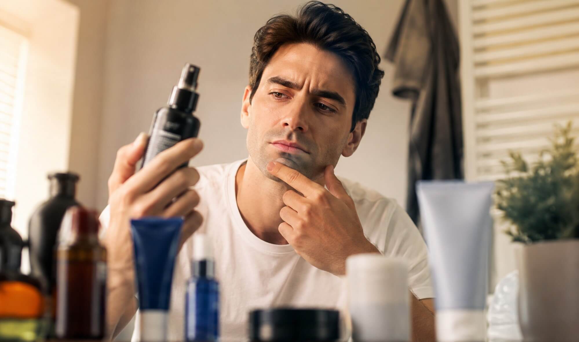 Mann prüft Hautpflegeprodukte und erkennt schädliche Inhaltsstoffe