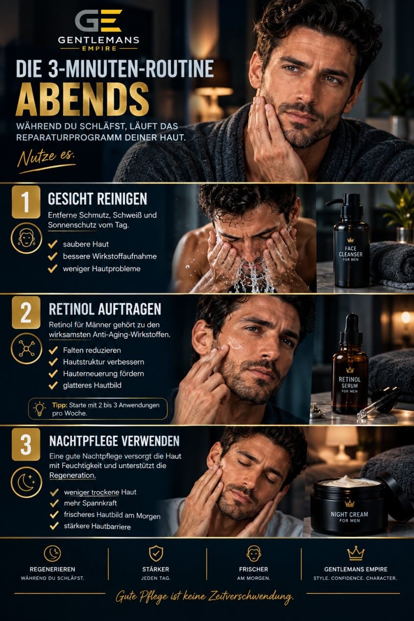 3-Minuten-Abendroutine für Männer mit Retinol und Nachtpflege gegen Falten