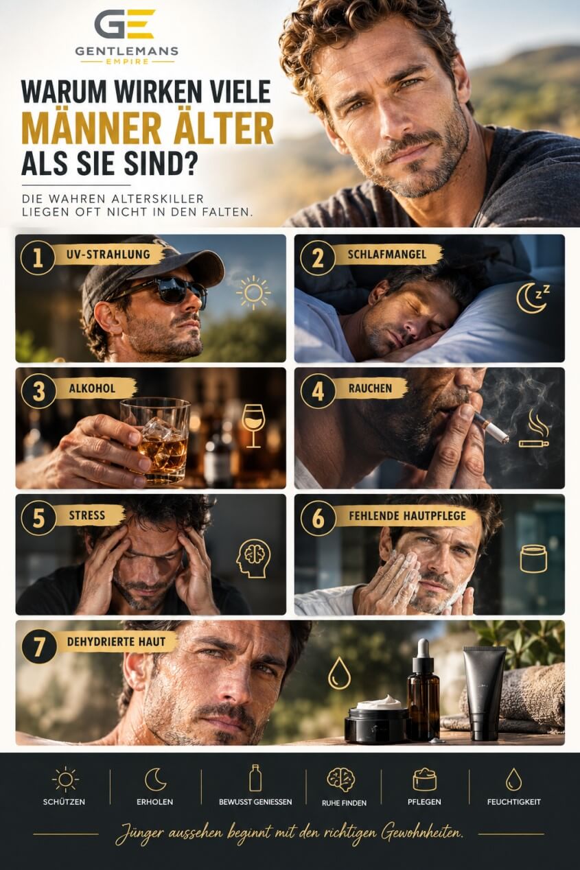 Ursachen für vorzeitige Hautalterung bei Männern wie Stress, UV-Strahlung und Schlafmangel