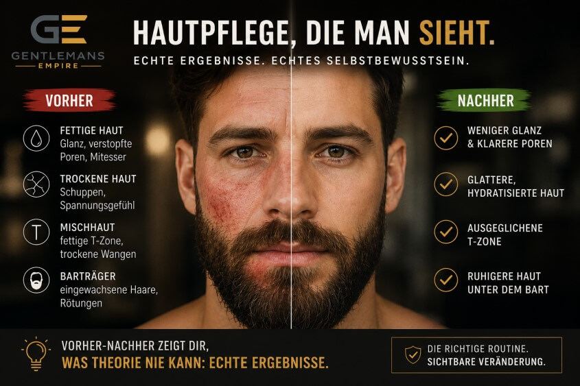 Vorher‑Nachher‑Vergleich der Männerhaut nach Pflege