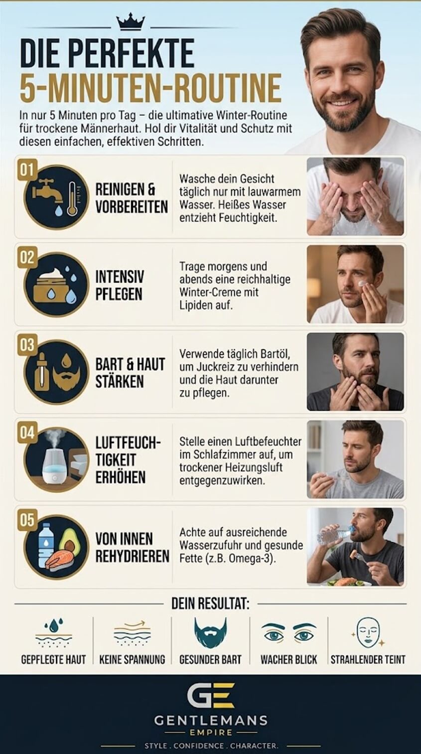 Mann führt eine einfache 5-Minuten-Routine mit Gesichtsreinigung und Feuchtigkeitscreme gegen trockene Haut im Winter durch.
