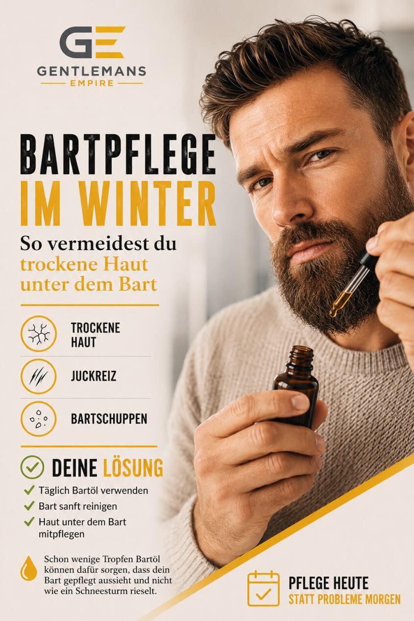 Bartträger nutzt Bartöl und Bartbalsam, um trockene Haut unter dem Bart und Bartschuppen im Winter zu vermeiden.