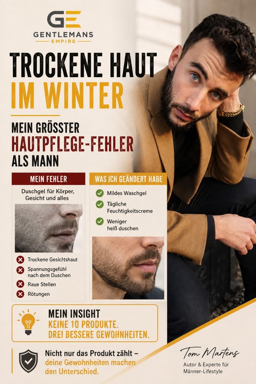 Mann blickt nachdenklich in den Spiegel und berichtet über seine Erfahrungen mit trockener Haut und falscher Hautpflege im Winter.