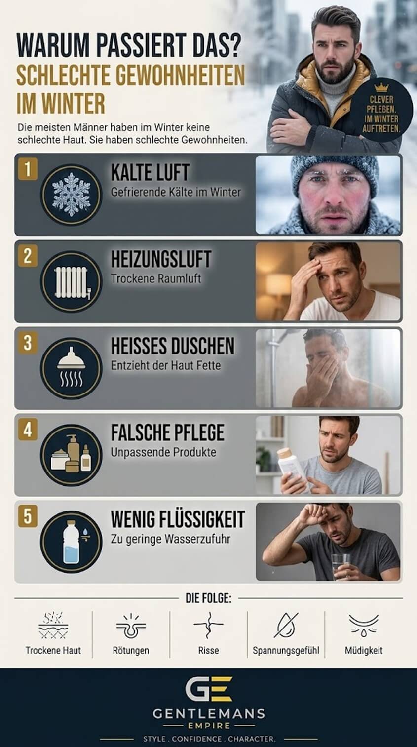 Typische Wintergewohnheiten wie heißes Duschen, trockene Heizungsluft und zu wenig Wasser begünstigen trockene Haut bei Männern.