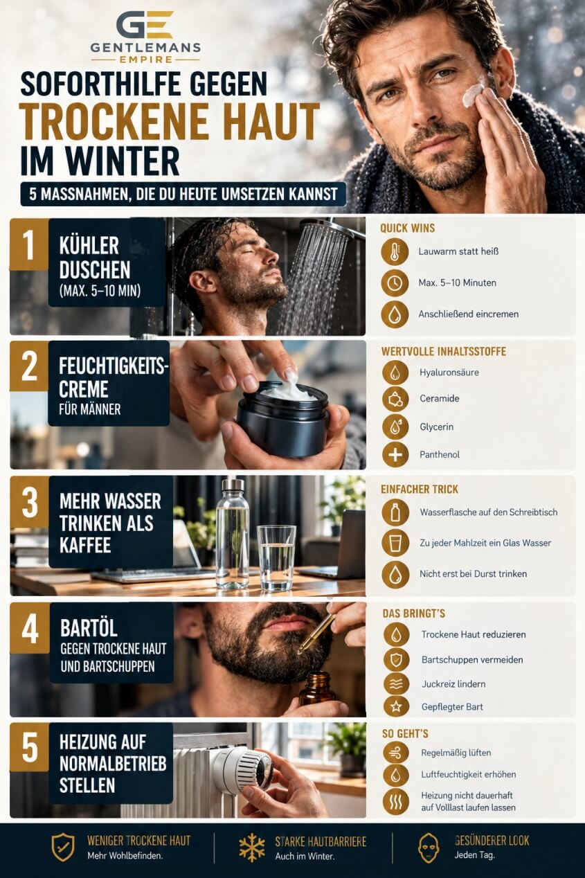 Mann verwendet Feuchtigkeitscreme und einfache Sofortmaßnahmen gegen trockene Haut, Juckreiz und Spannungsgefühle im Winter.