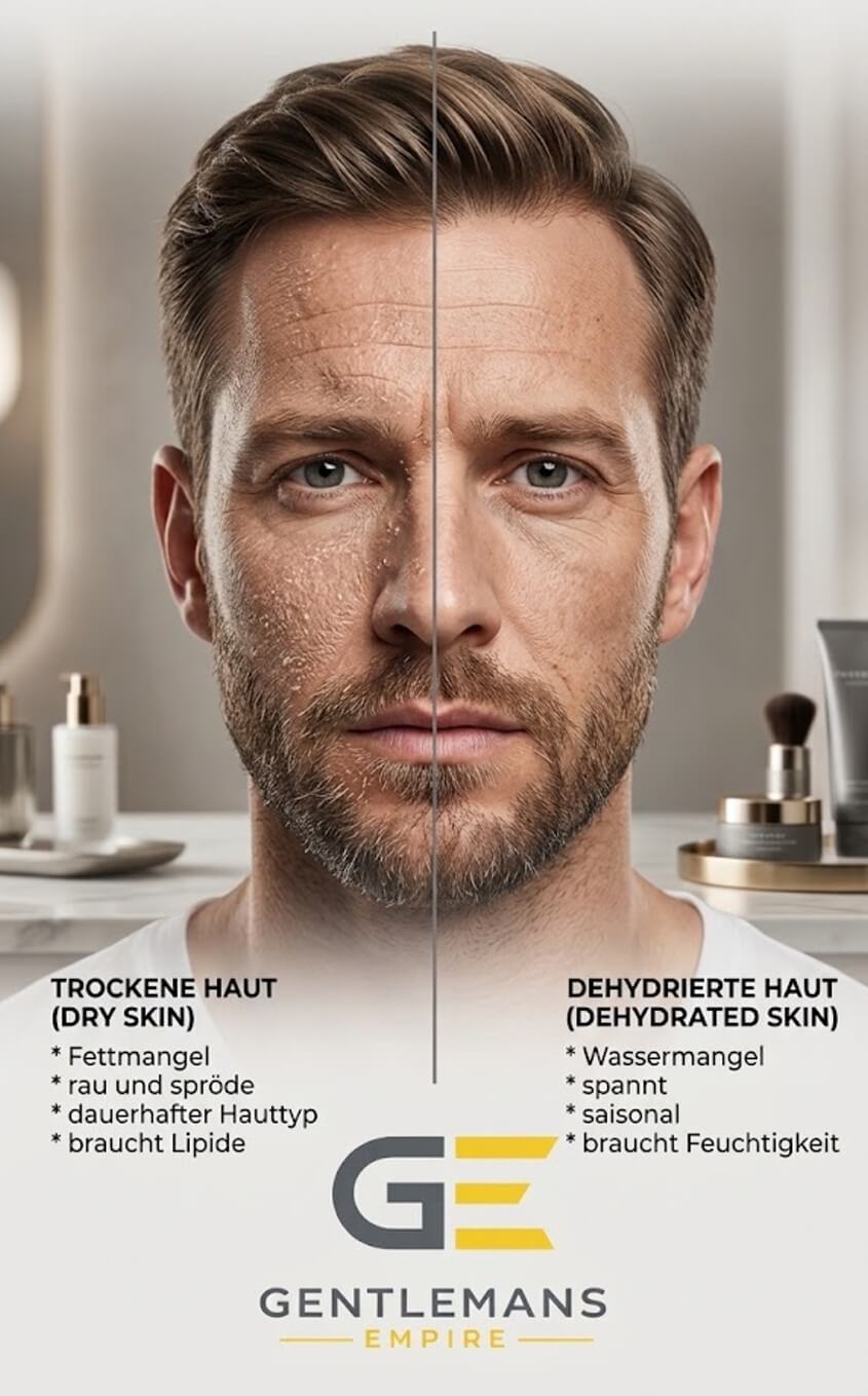 Grafischer Vergleich zwischen trockener Haut und feuchtigkeitsarmer Haut mit den wichtigsten Unterschieden und Symptomen.