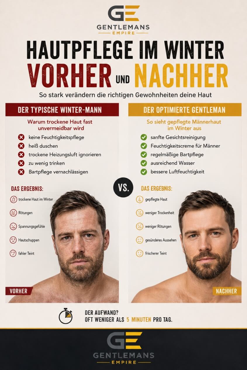 Vergleich zwischen trockener, gereizter Haut und gepflegter Männerhaut nach konsequenter Winterpflege.